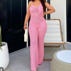 NEW FashionNova Pink Crochet Jumpsuit